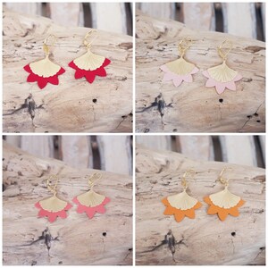 Orange, red, pink or coral and gold leather earrings. Ginkgo leaf curls. Stainless steel earrings. Women&#39;s gift