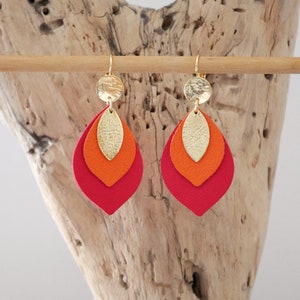 Leaf earrings in orange, raspberry red and gold leather. Orange, red and gold leather drop earrings. Christmas gift for women.