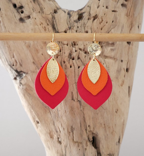 Leaf earrings in orange, raspberry red and gold leather. Drop earrings in  orange, red and gold leather. Christmas gift for women.