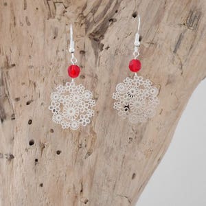 Silver dangling boho earrings with pearls and flower watermark pendants BO134 image 1