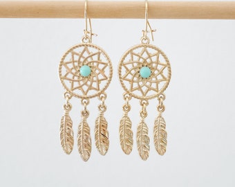 Boucles d'oreilles pendantes attrape-rêves dorés avec cabochon turquoise, corail ou vert jade (BO29OR). Cadeau Noël femme ou fille