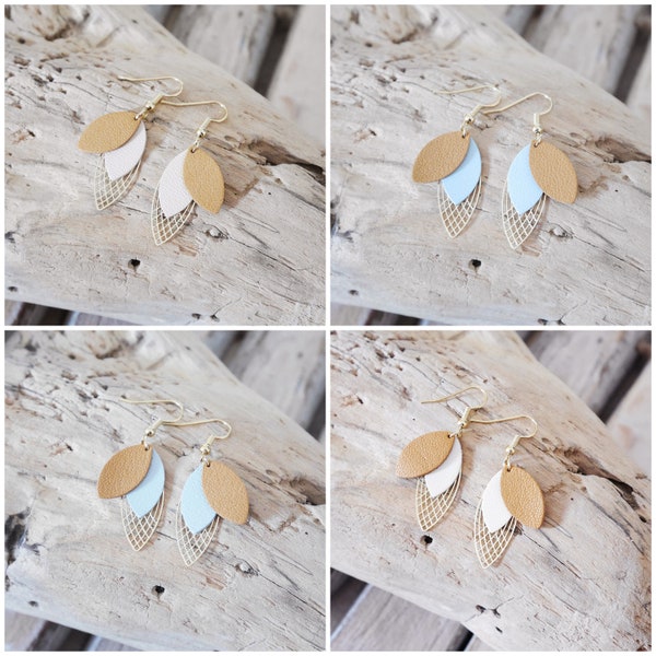 Boucles d'oreilles feuilles en cuir camel et beige, ivoire, bleu clair ou vert menthe. Boucles géométriques. Cadeau femme