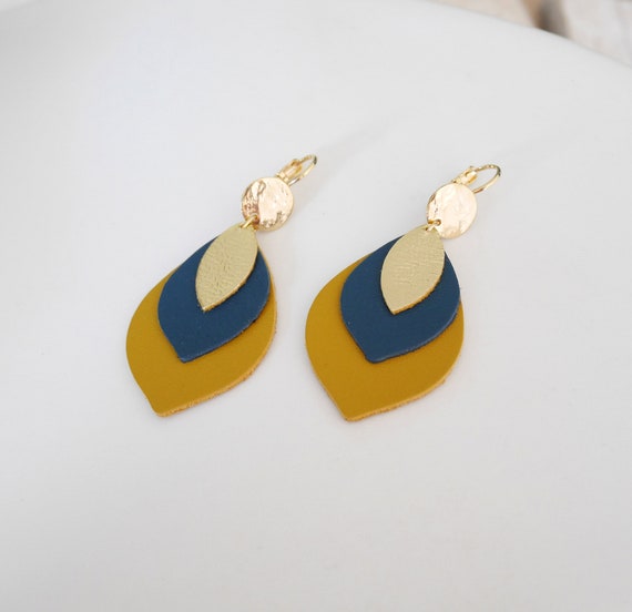 Leaf earrings in duck blue, yellow and gold leather. Drop earrings in blue,  mustard and gold leather. Christmas gift for women.