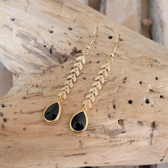 Hanging Boho Chic Earrings in Golden Spike Chain and Black - Etsy