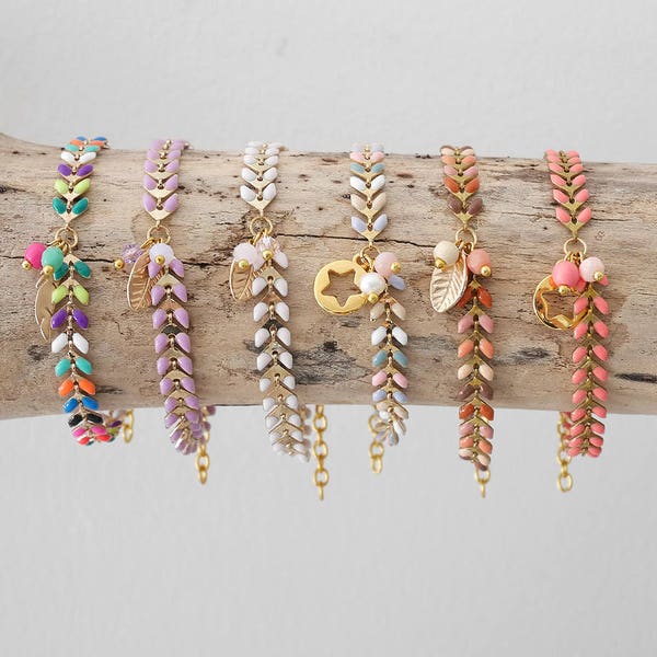 Bracelet chaîne épis dorée émaillée multicolore tons vifs, tons pastels, tons beige ou corail avec breloques. Cadeau Noël femme ou fille