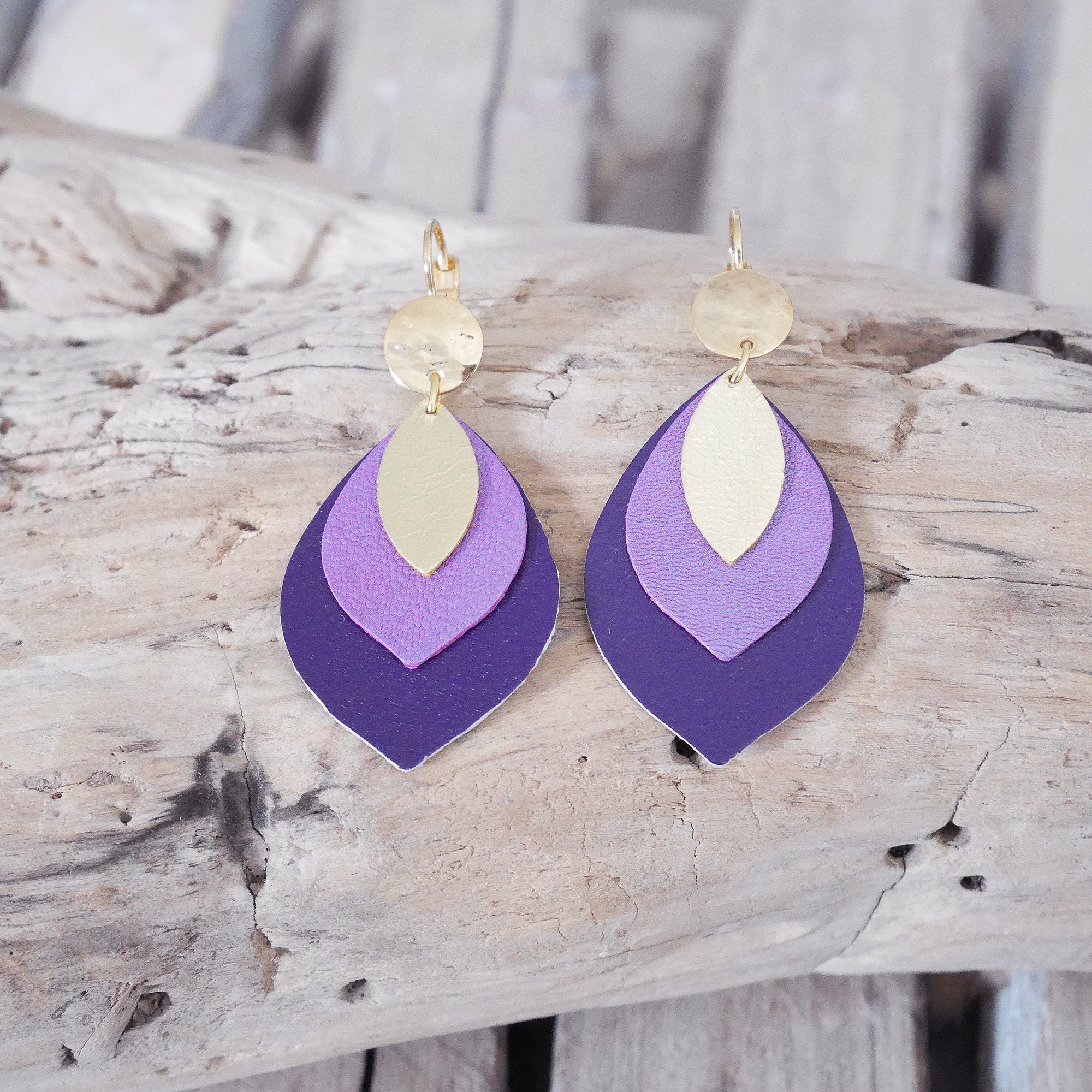 Leaf Earrings in Purple Mauve and Gold Leather. Leather Dangling