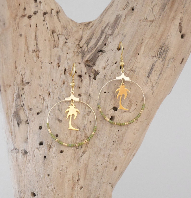 nude,.. yellow green charm Golden Palm Hoop earrings with seed beads Miyuki red turquoise BO143OR blue