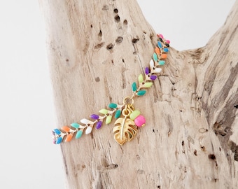 Gold chain bracelet with multicolored enamel and philodendron leaf charm (BREP15multivif) Christmas gift for women or girls