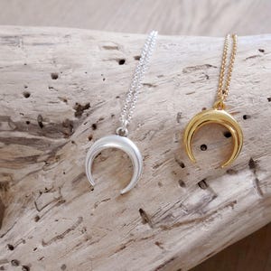 Puede incluir: Dos collares de media luna, uno plateado y otro dorado, sobre una superficie de madera.