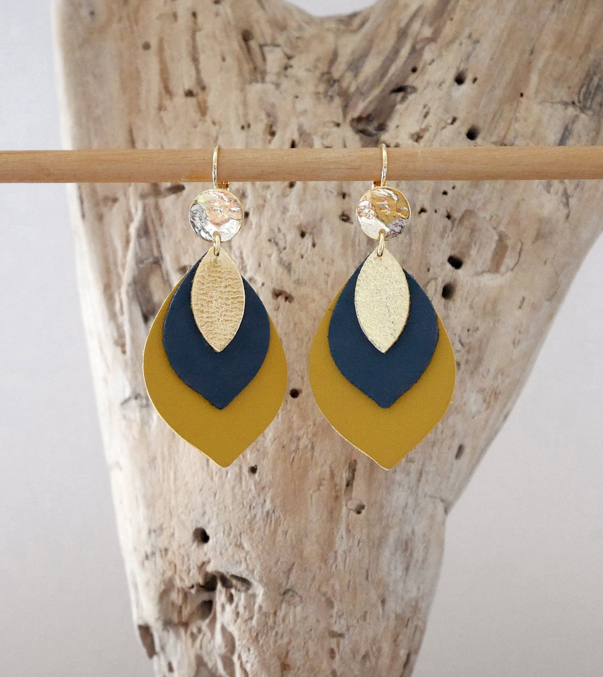 Leaf earrings in duck blue, yellow and gold leather. Drop earrings in blue,  mustard and gold leather. Christmas gift for women.