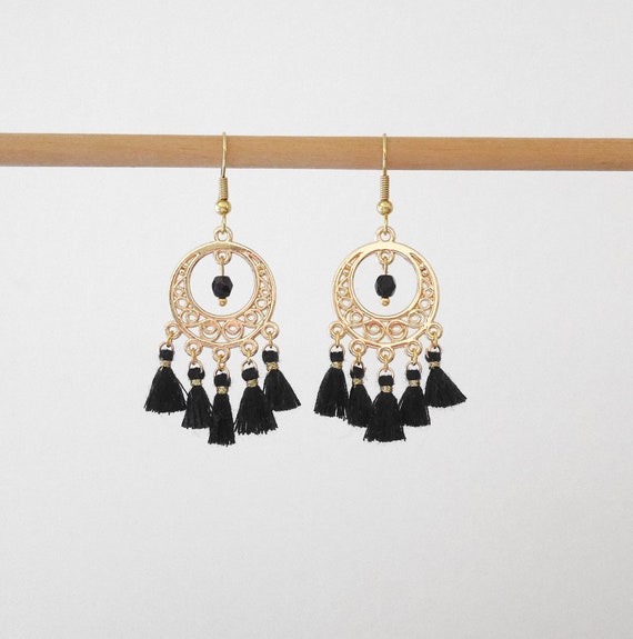 Boucles D'oreilles Pendantes à Pompons Noir Et Doré - Marque Budget Beauté, Neuf Avec étiquettes
