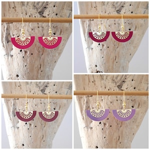 Gold half-moon earrings in fuchsia pink, pearly mauve, plum purple or burgundy leather. (BO369) Christmas gift idea for women
