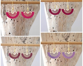 Boucles d'oreilles doré demi-lune en cuir rose fuchsia, mauve nacré, violet prune ou bordeaux.  (BO369) Idée cadeau de Noël femme