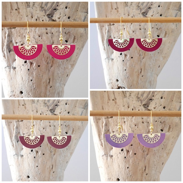 Boucles d'oreilles doré demi-lune en cuir rose fuchsia, mauve nacré, violet prune ou bordeaux.  (BO369) Idée cadeau de Noël femme