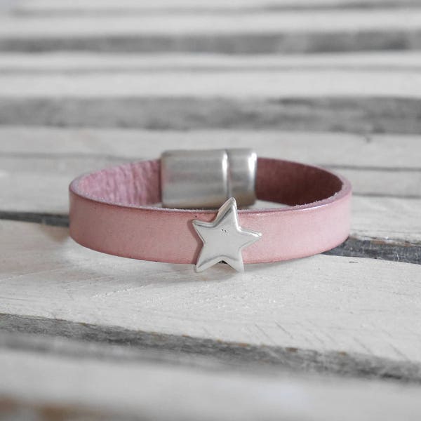 Bracelet en cuir bleu marine, blanc, rose ou mauve avec passant étoile argenté (BR139) Cadeau Noël femme ou fille