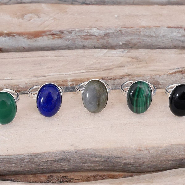 Adjustable ring in 925 silver. Oval stone ring of malachite, black onyx, labradorite, green agate or lapis lazuli. adjustable ring