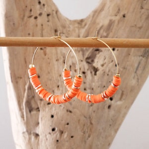 Orange and gold heishi hoop earrings. Golden heishi hoops. (BO257orange)