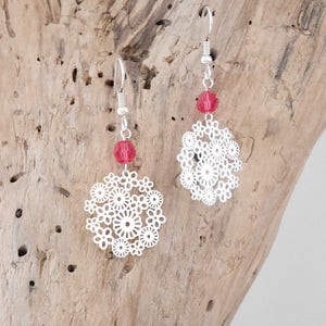 Silver dangling boho earrings with pearls and flower watermark pendants BO134 image 4