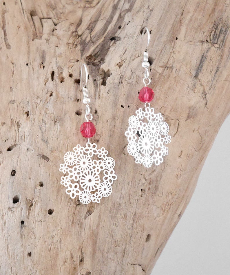 Silver dangling boho earrings with pearls and flower watermark pendants BO134 image 4