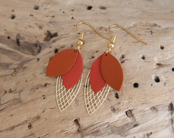 Boucles d'oreilles feuilles cuir cuivre et terracotta. Boucles en cuir cuivré et terracotta. Boucles géométriques.Cadeau de Noël femme fille