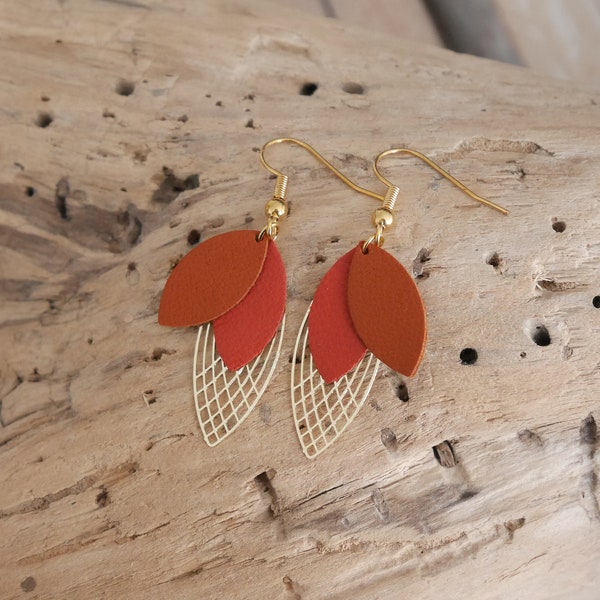 Boucles d'oreilles feuilles cuir cuivre et terracotta. Boucles en cuir cuivré et terracotta. Boucles géométriques.Cadeau de Noël femme fille