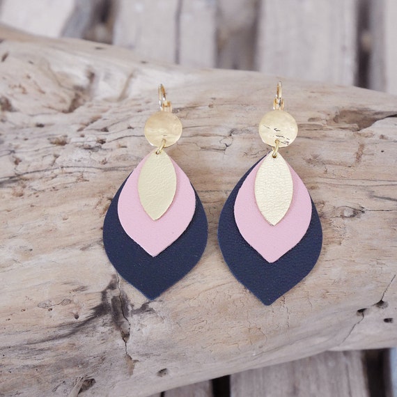 Boucles D'oreilles Feuilles Pendantes Fait-main - Rouge, Noir, Ivoire - Crochet Argenté
