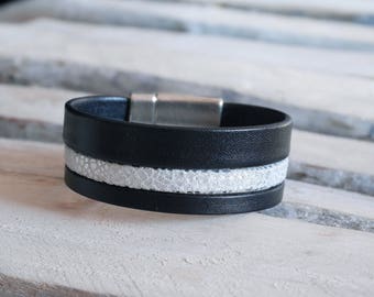 Black and silver leather cuff bracelet (BR109AGblack) Women's Christmas gift