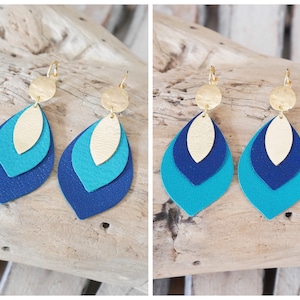 Navy, turquoise green and gold leather leaf earrings. Leather dangle earrings. Gift for women.