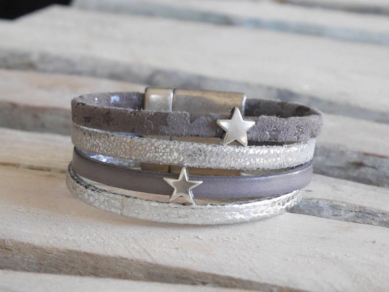 gift Christmas woman or girl Grey or black and silver leather Cuff Bracelet with Silver Star loops BR06