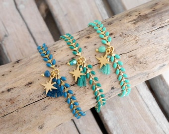 Gold-plated chain bracelet with enamel in duck egg blue, emerald green, or mint green; charm bracelet; star bracelet. Christmas gift for a woman or girl