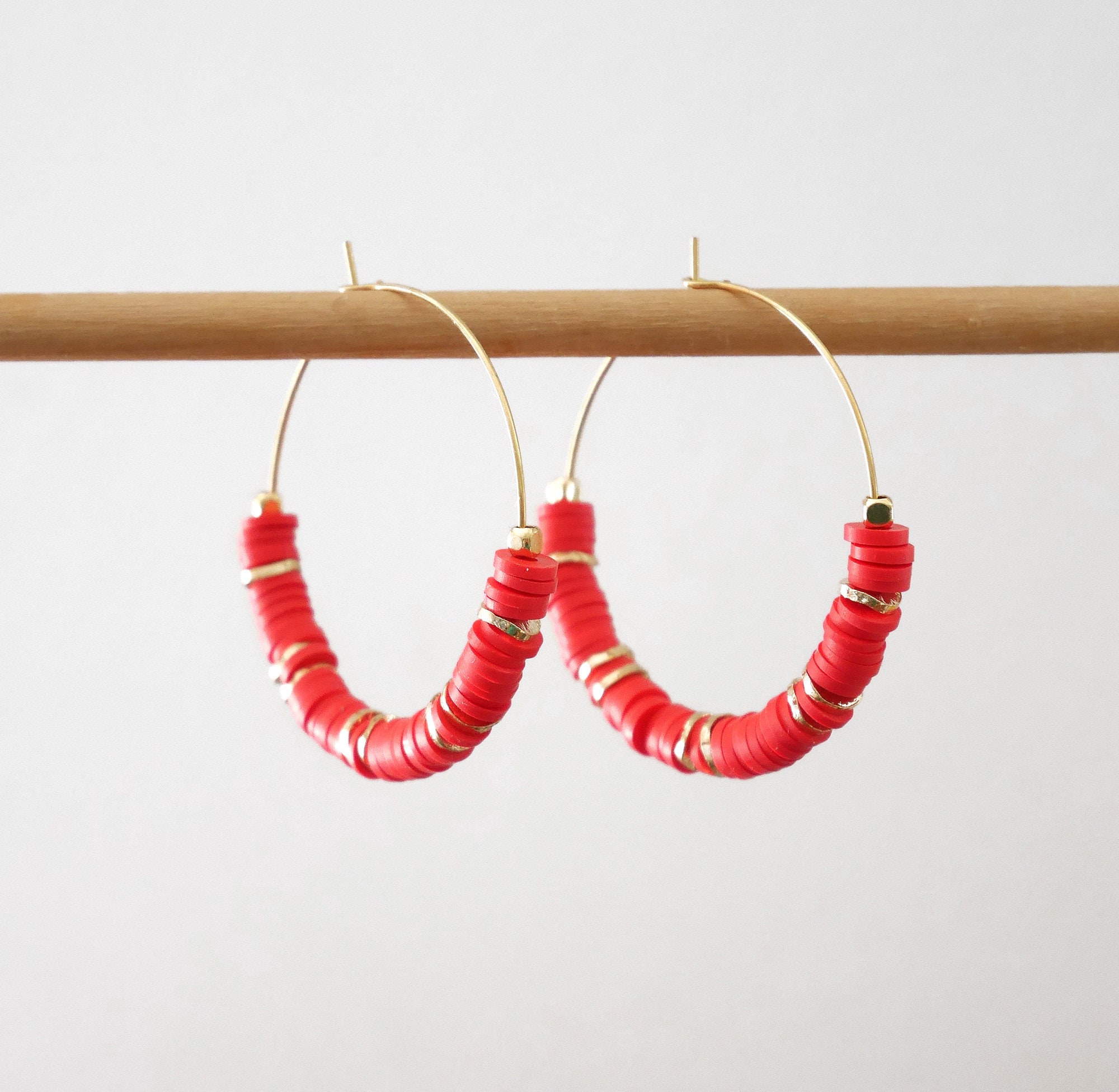 Red and Gold Heishi Creole Earrings. Golden Heishi Creoles