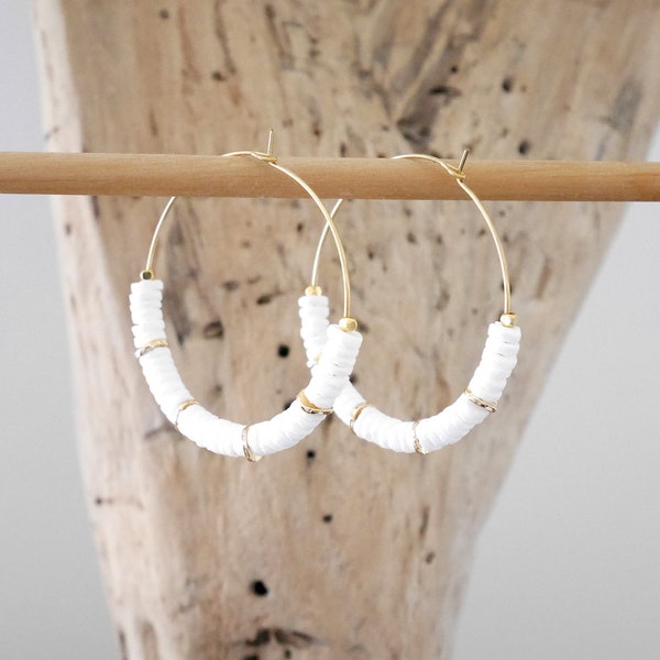 White and gold shell heishi hoop earrings. Stainless steel hoops. Golden heishi hoops. (BO367)