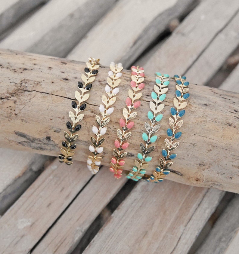 Gold ear bracelet enamelled in black, white, turquoise, pink, duck blue. Epi leaf bracelet.Minimalist bracelet.Christmas gift for woman or girl image 1