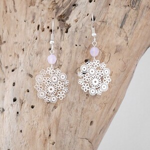 Silver dangling boho earrings with pearls and flower watermark pendants BO134 image 5