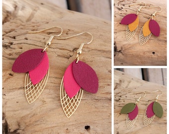 Leaf earrings in plum and mustard yellow, fuchsia or khaki green leather. Geometric curls. Christmas gift for woman and girl