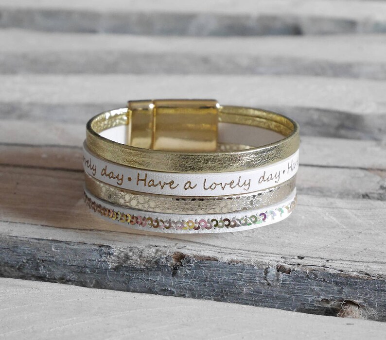 BR127 Christmas gift woman Leather Cuff Bracelet gold and white