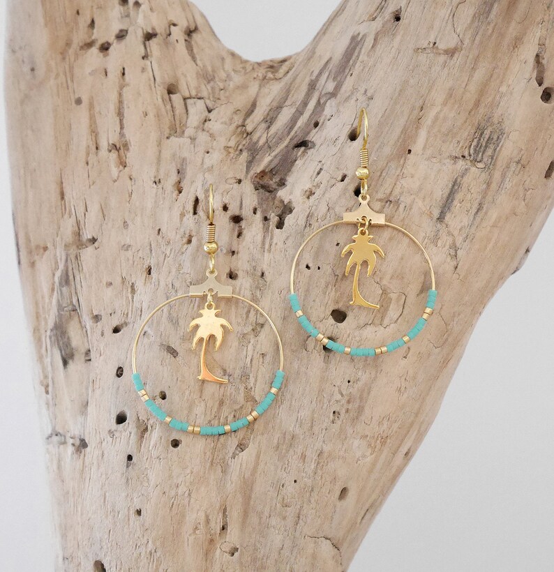 nude,.. yellow green charm Golden Palm Hoop earrings with seed beads Miyuki red turquoise BO143OR blue