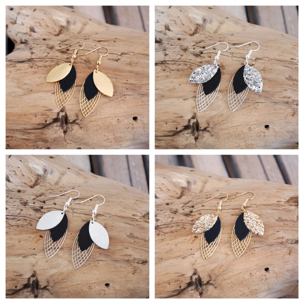 Boucles d'oreilles feuilles en cuir noir et doré ou argenté lisse ou pailletté. Boucles géométriques.Cadeau de Noël femme