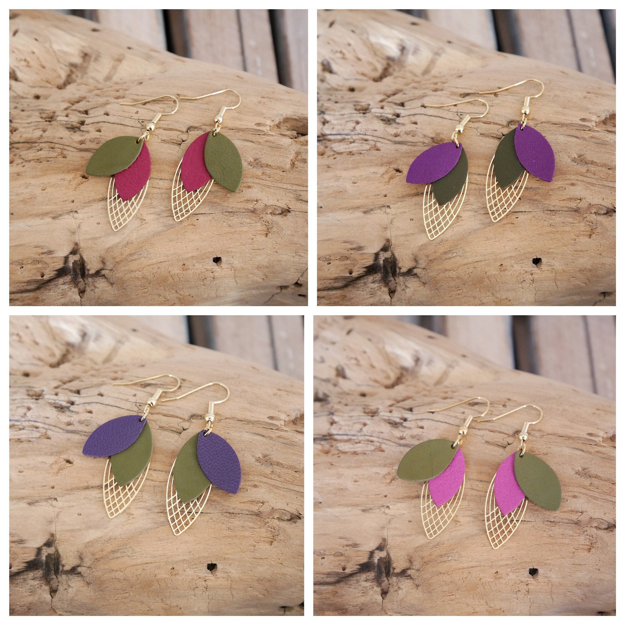 Leaf earrings in khaki green and purple, purple or plum leather. Geometric curls. Christmas gift for woman and girl
