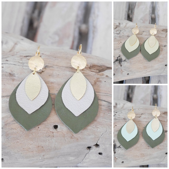 Leaf Earrings in Khaki Green Lime Green Yellow or Golden Beige