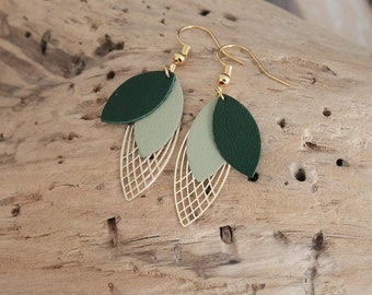 Leaf earrings in dark green and light green leather. Geometric curls. Green and gold curls. Christmas gift for woman and girl