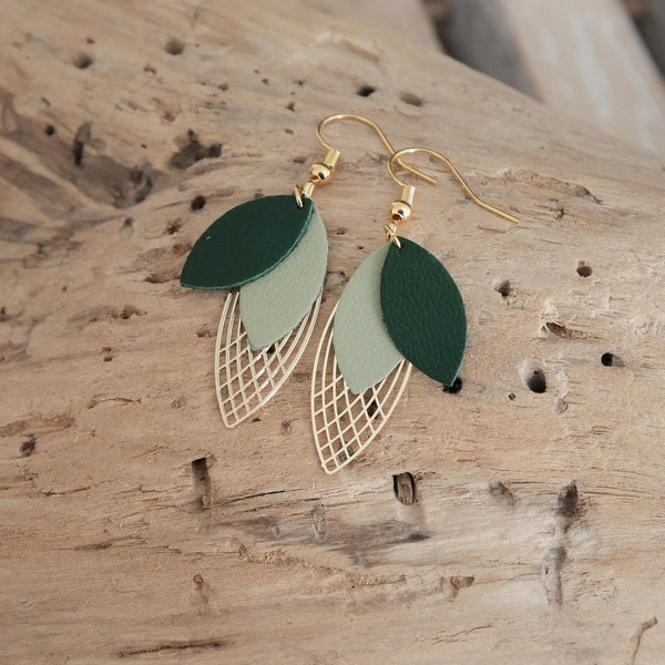 Leaf earrings in dark green and light green leather. Geometric curls. Green and gold curls. Christmas gift for woman and girl