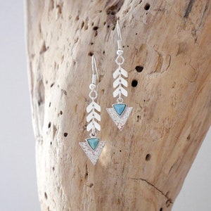 Boho chic dangling earrings in silver ear chain and silver and turquoise triangle pendants (BO216AG) Christmas gift for woman and girl
