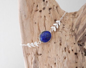 Armband boho chic feine Kette silbernen Ähren. Blaues ovales Steinarmband in lapis lazuli (BRCH22AGlapis) Weihnachtsgeschenk Frau oder Mädchen