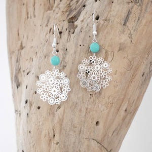 Silver dangling boho earrings with pearls and flower watermark pendants BO134 image 3