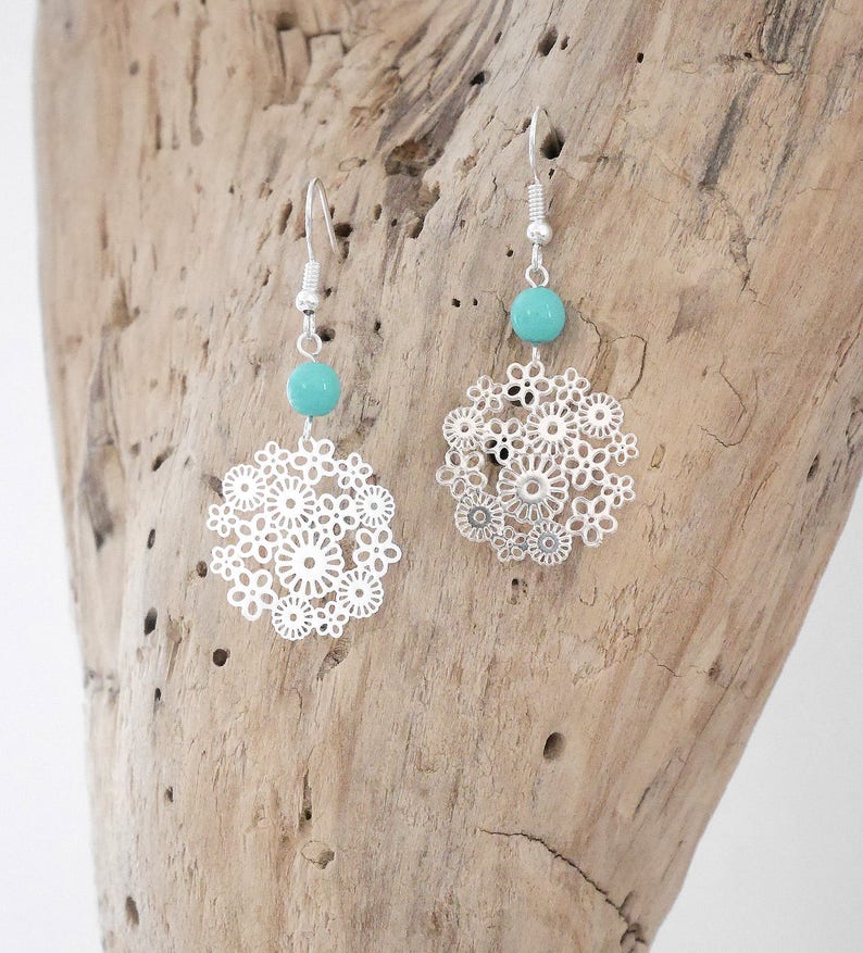 Silver dangling boho earrings with pearls and flower watermark pendants BO134 image 3