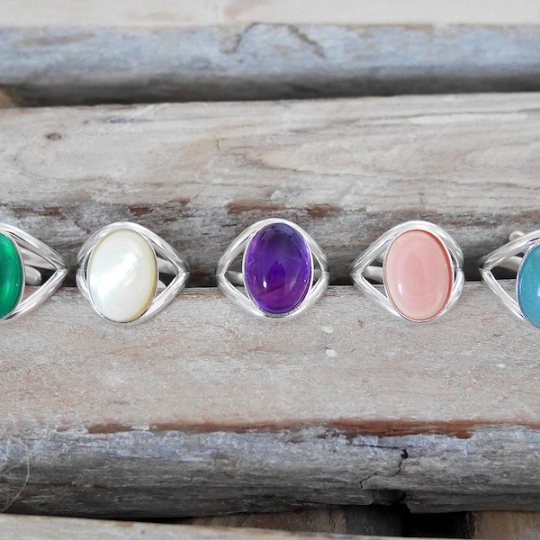 Bague ajustable en argent 925, bague pierre ovale d'amazonite, lambi rose, nacre blanche, améthyste ou agate verte  , bague réglable