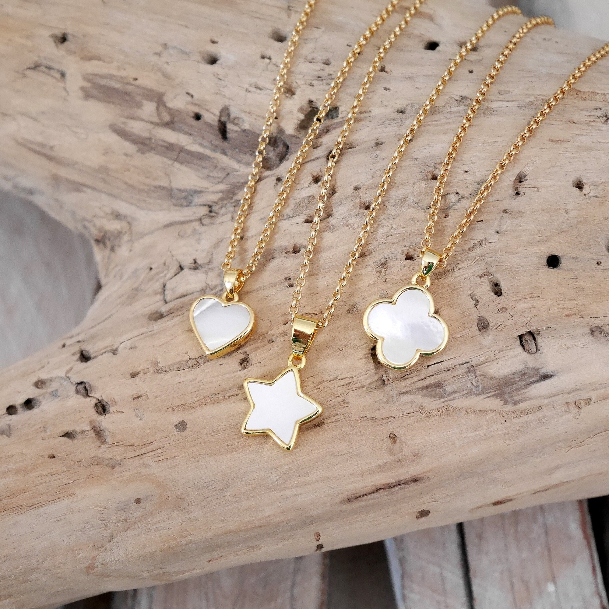 Fine Gold Chain Necklace, Mother-of-pearl Star, Heart or Clover Pendant.  COCH35 Christmas Gift for Woman or Girl - Etsy