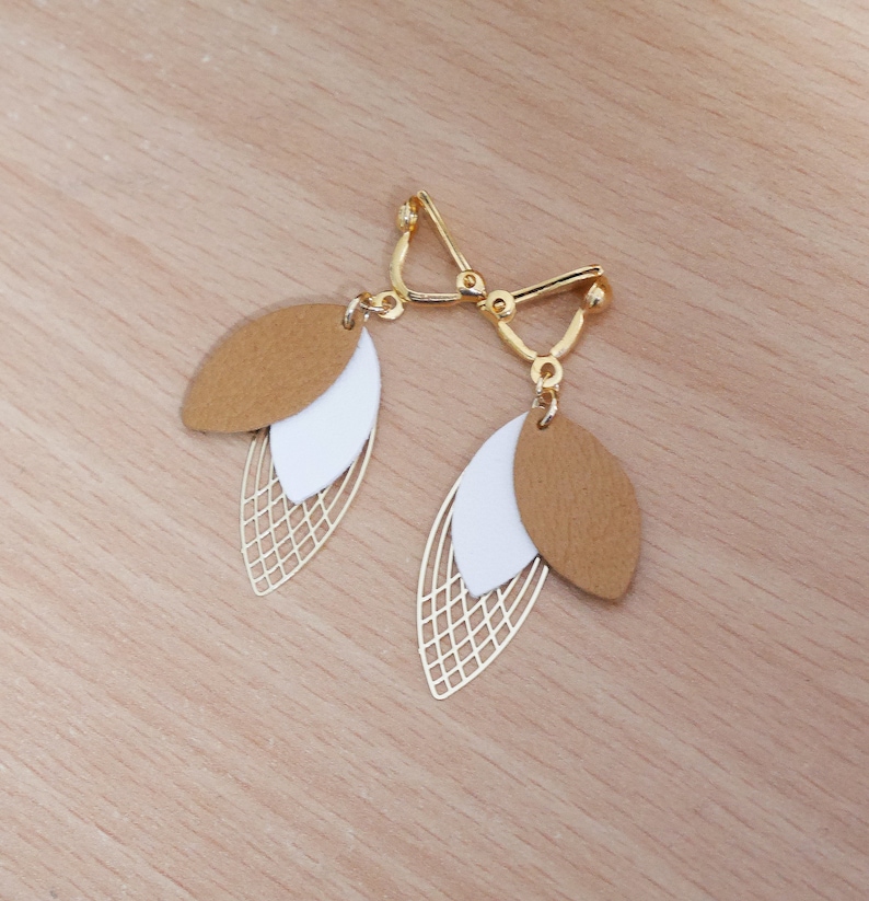 Ivory or white and gold leather leaf earrings. Leather leaf buckles. Bridal curls. Wedding curls. Women's gift BO361ivgold image 4