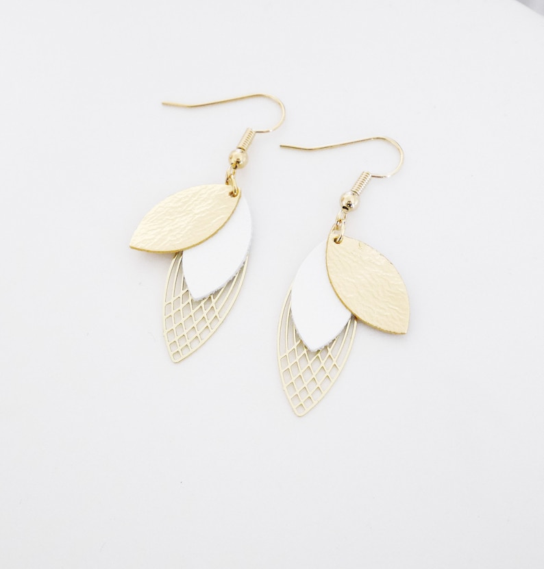 Ivory or white and gold leather leaf earrings. Leather leaf buckles. Bridal curls. Wedding curls. Women's gift BO361ivgold image 3